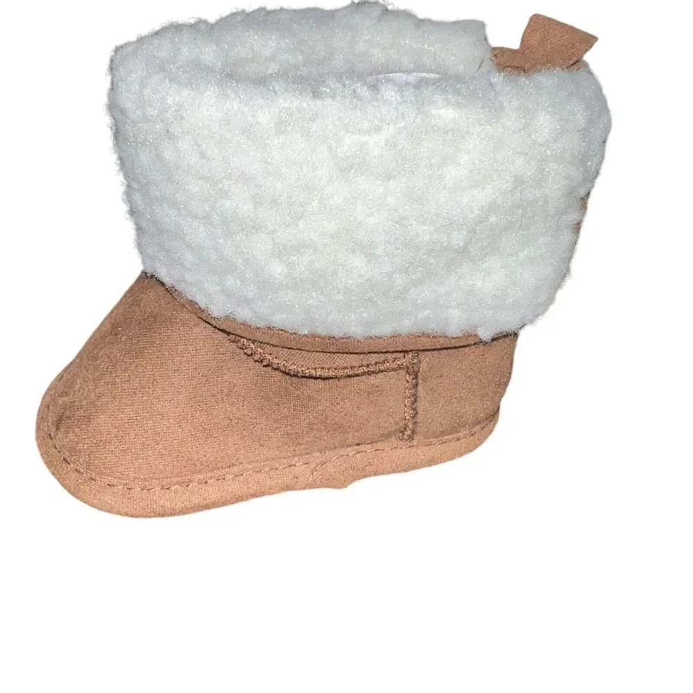Stepping Stones Tan White Faux Fur Pre Walk Bootie Size 1 0-3 Month NEW